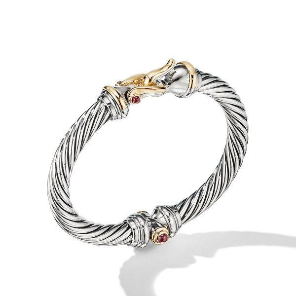 David Yurman Buckle Classic Cable Bracelet in Sterling Silver with 18K Yellow Gold and Rhodolite Garnets, 7mm, Size Small 0