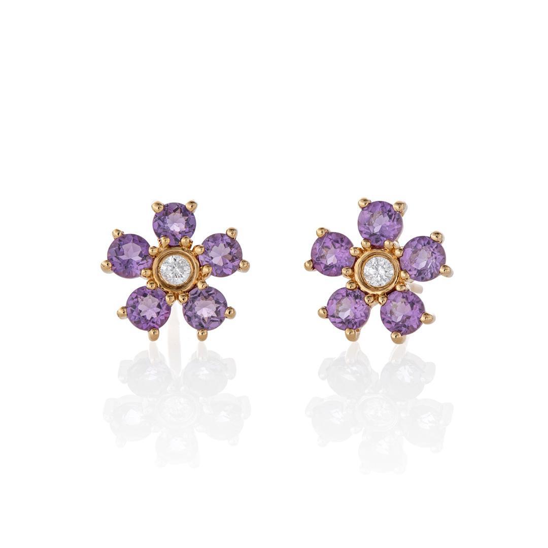 Gemstone and Diamond Yellow Gold Flower Stud Earrings