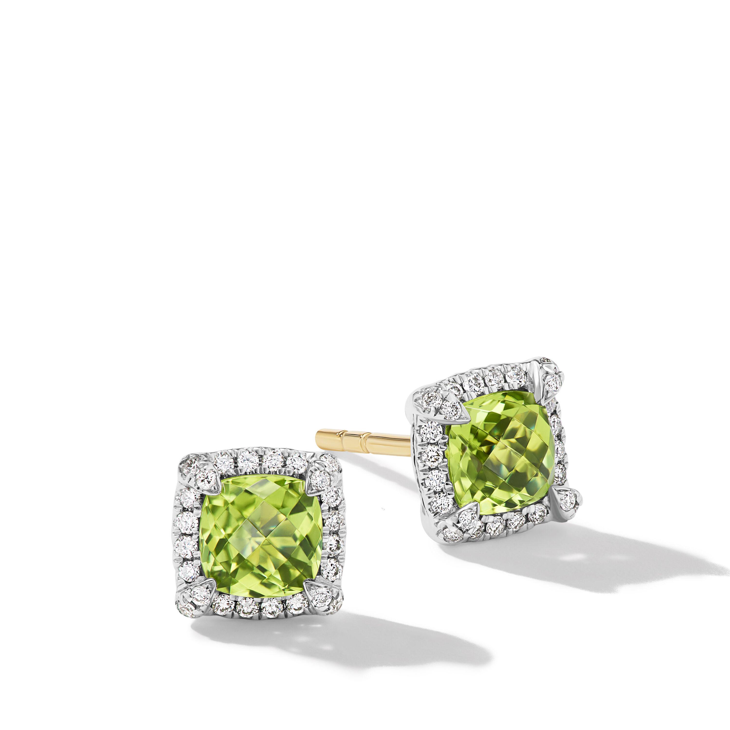 David Yurman Petite Chatelaine Pave Bezel Stud Earrings in Sterling Silver with Peridot and Diamonds