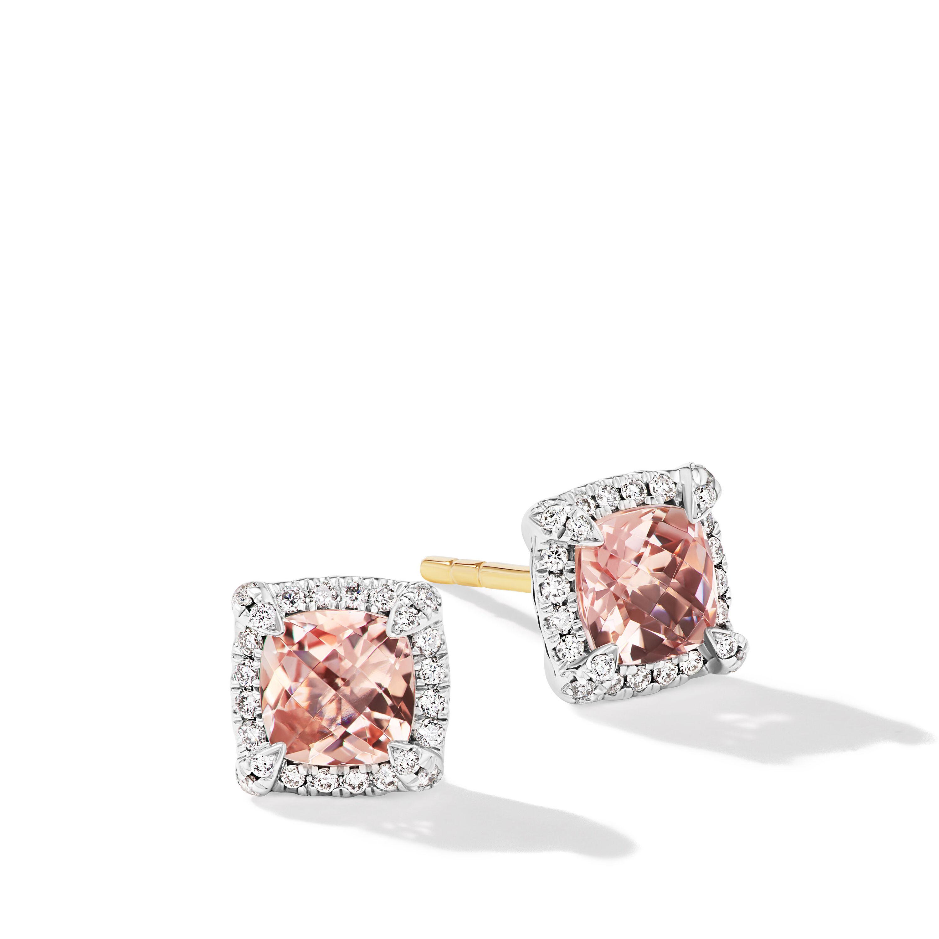 David Yurman Petite Chatelaine Pave Bezel Stud Earrings in Sterling Silver with Morganite and Diamonds 0