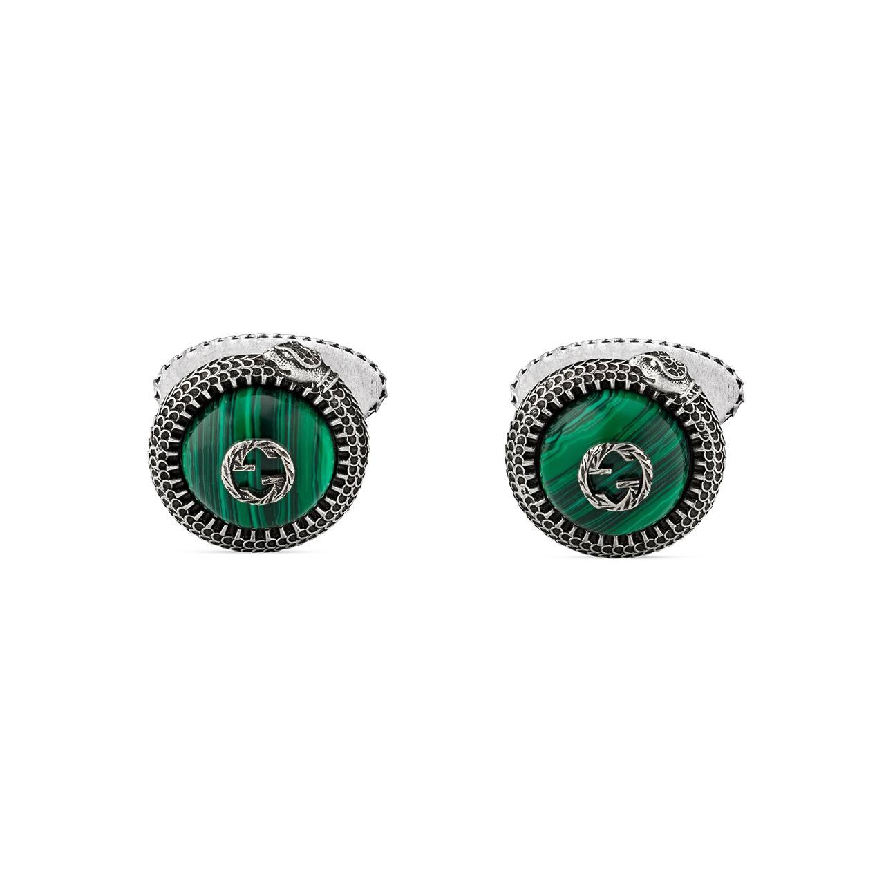 Gucci Sterling Silver & Green Resin GG Snake Cuff Links