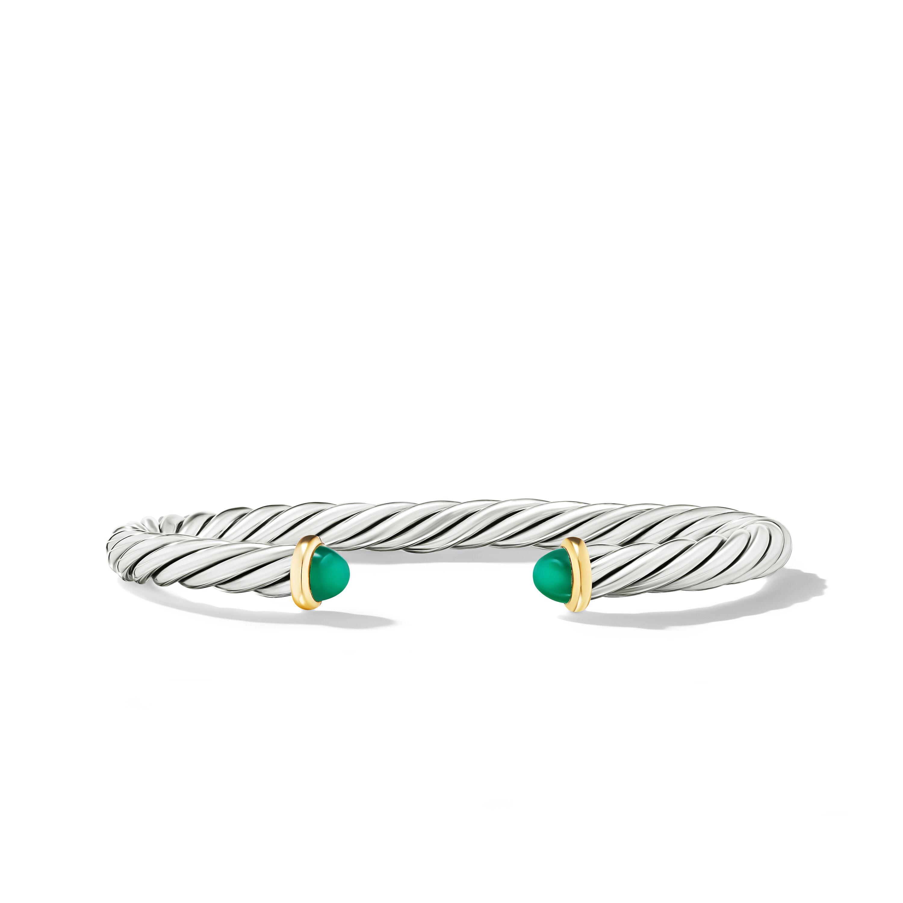 David Yurman 6mm Cable Cuff Bracelet in Sterling Silver with 14K Yellow Gold and Green Onyx, Small