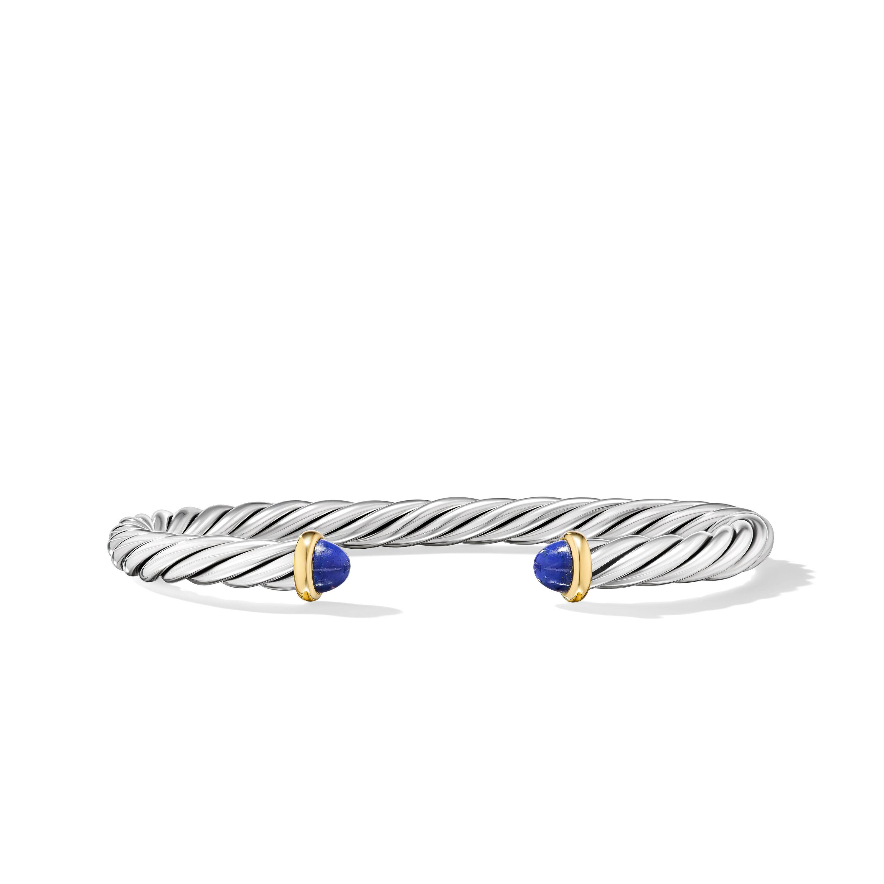 David Yurman 6mm Cable Cuff Bracelet in Sterling Silver with 14K Yellow Gold and Lapis, Large 0