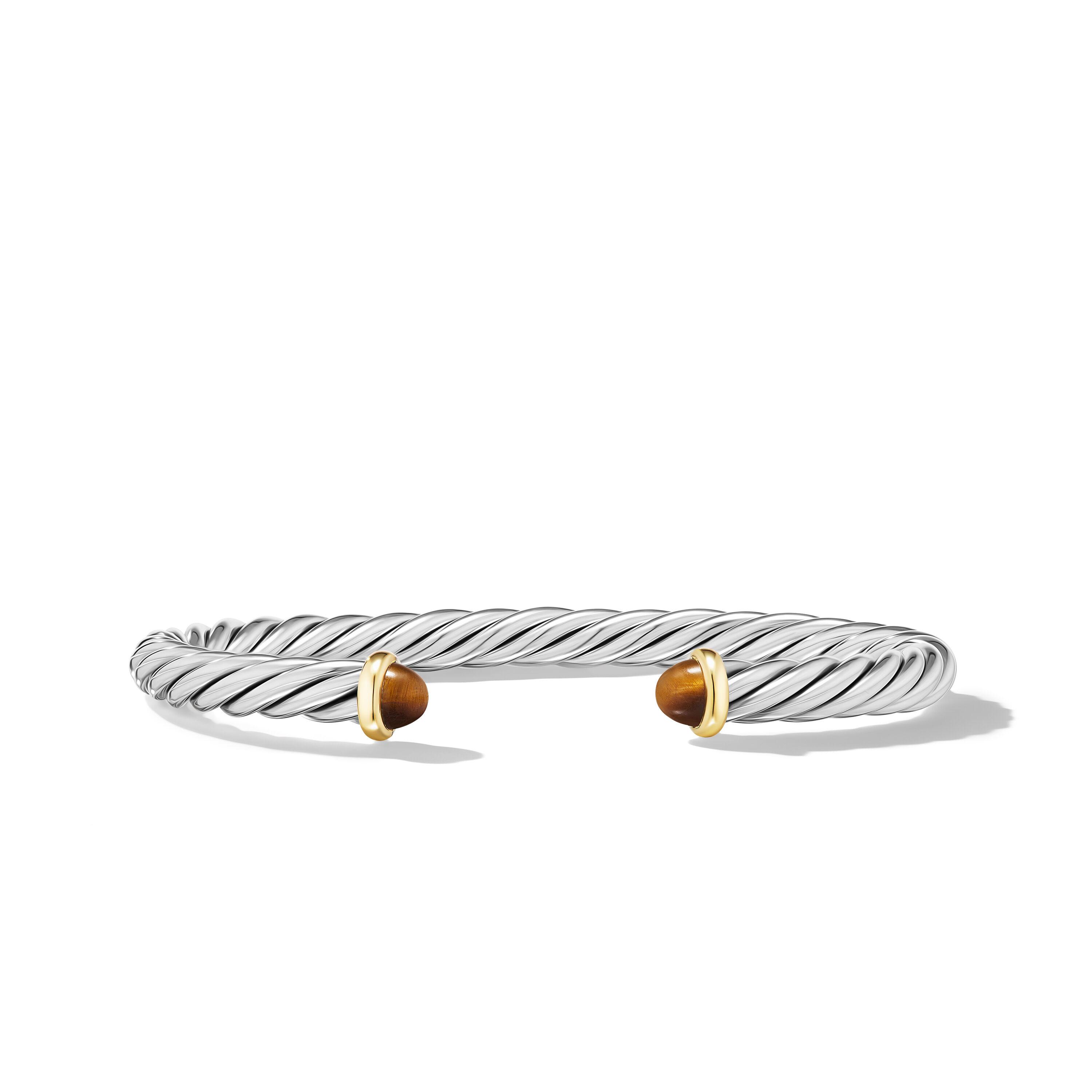 David Yurman 6mm Cable Cuff Bracelet in Sterling Silver with 14K Yellow Gold and Tiger's Eye, Small