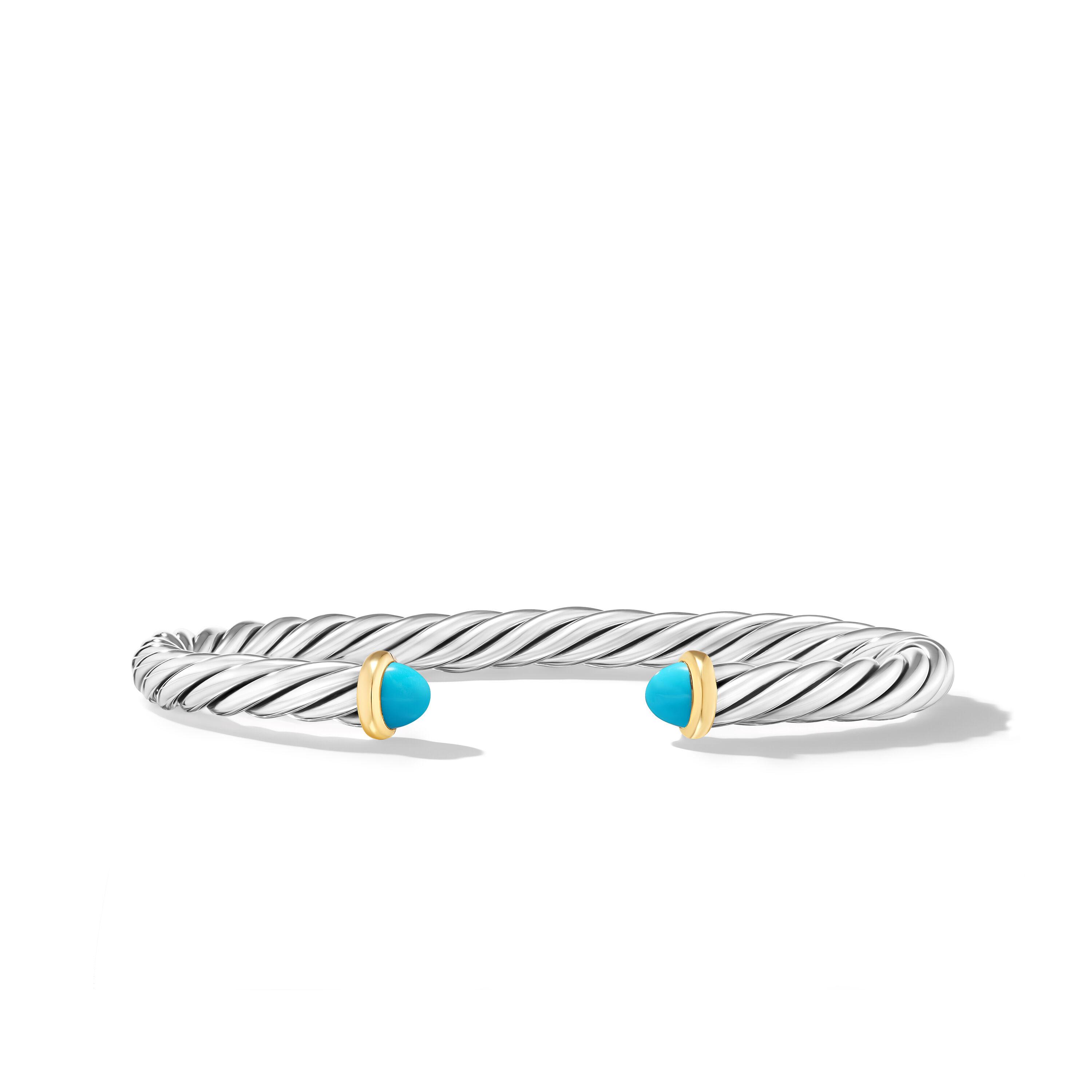 David Yurman 6mm Cable Cuff Bracelet in Sterling Silver with 14K Yellow Gold and Turquoise, Medium