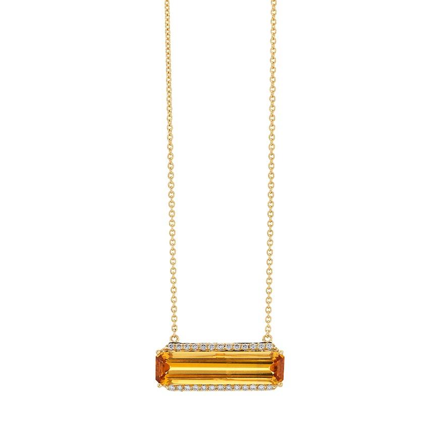 Yellow Gold Citrine & Diamond Bar Pendant Necklace 0
