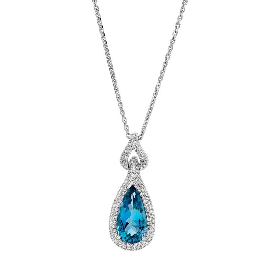 White Gold Pear Shaped Aquamarine & Diamond Halo Pendant Necklace