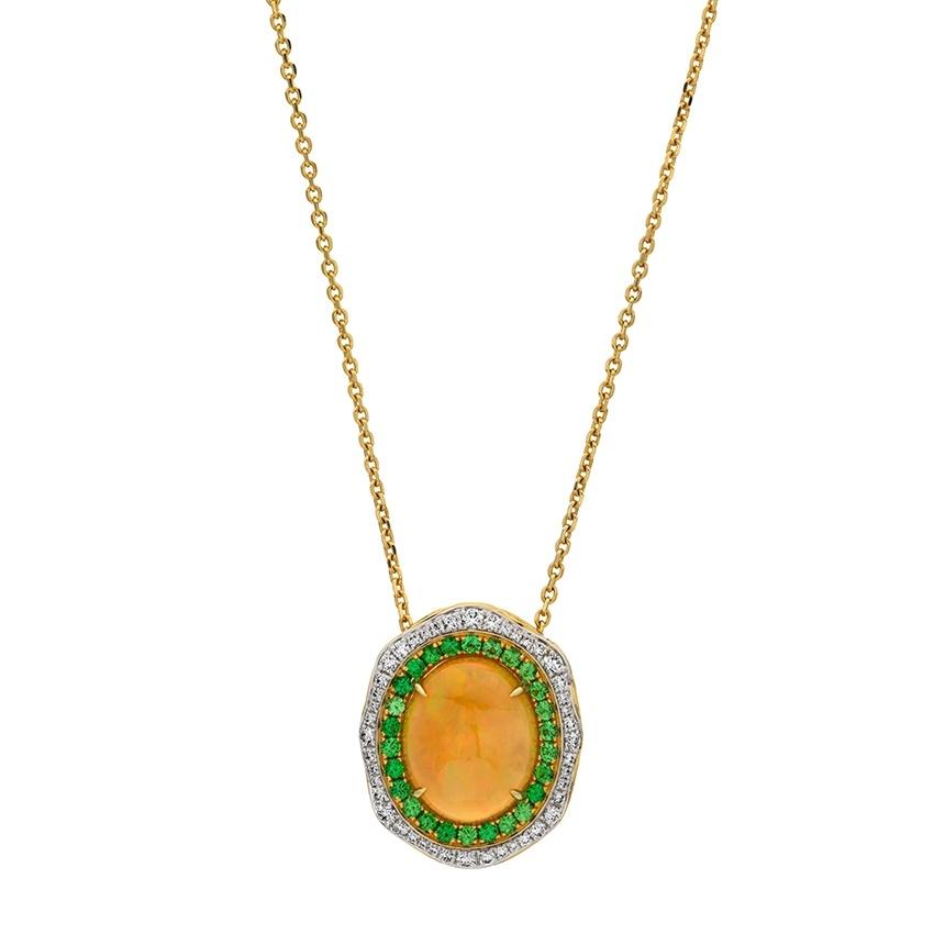 White Gold Oval Opal, Diamond & Tsavorite Pendant Necklace