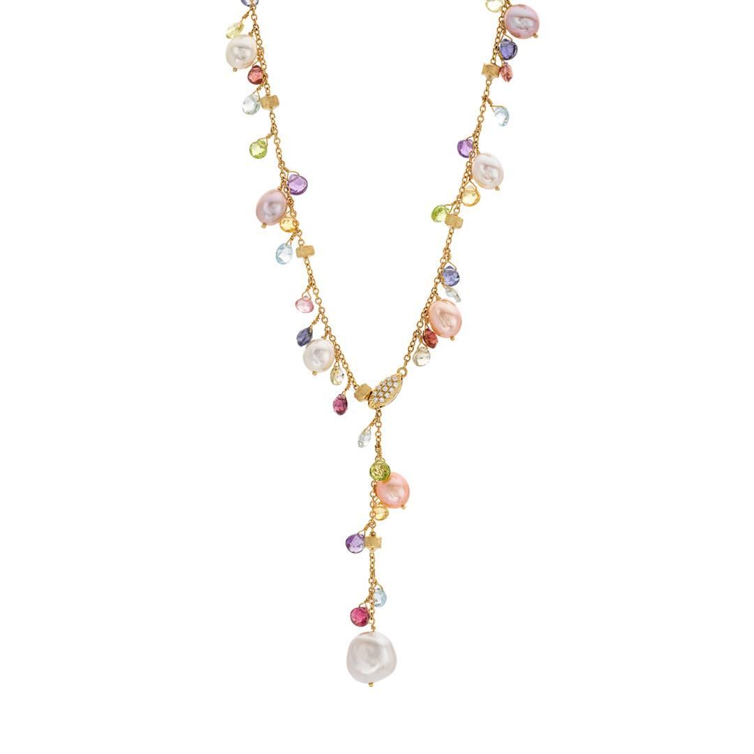 Marco Bicego Paradise Collection 18K Yellow Gold Mixed Gemstone and Pearl Lariat Necklace