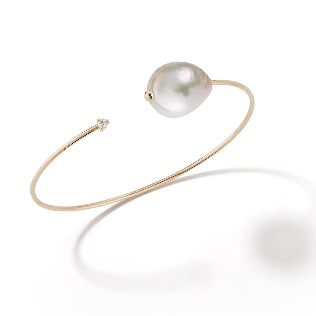 Mizuki Yellow Gold, White Baroque Pearl & Diamond Open Cuff Bracelet