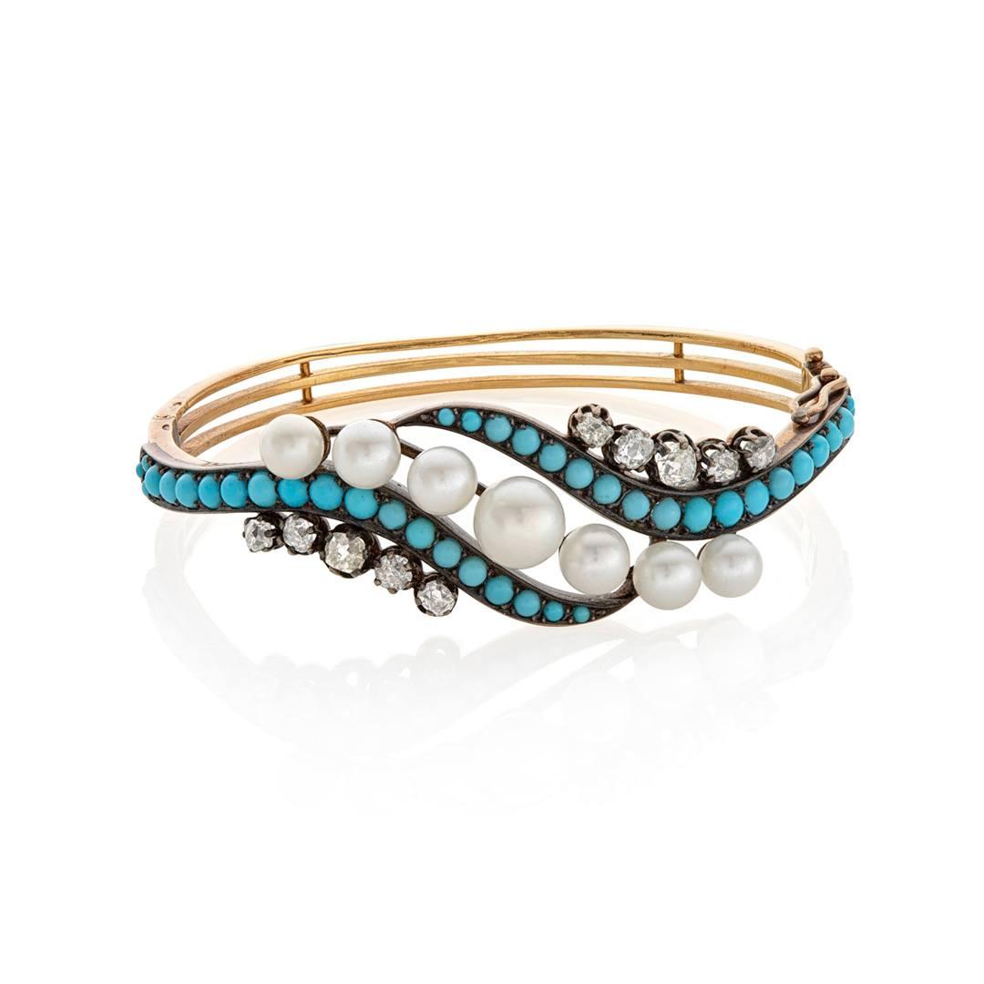 Estate Collection 1890s Turquoise Pearl and Diamond Swirl Bangle 1
