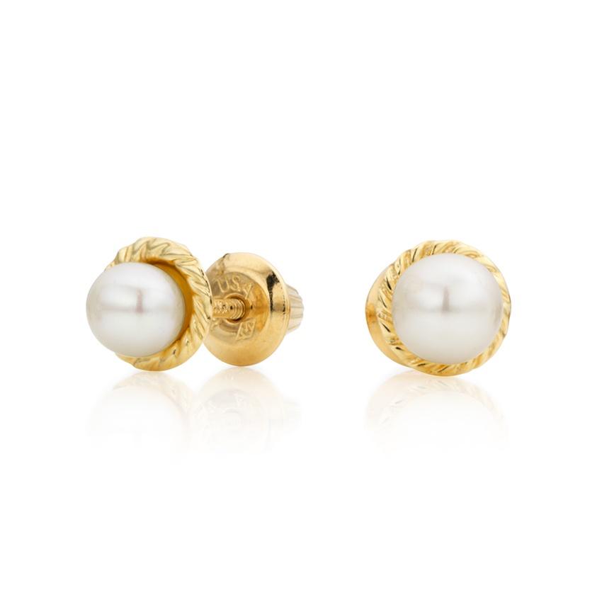 Child's Pearl Stud Earrings in 14k Twisted Yellow Gold
