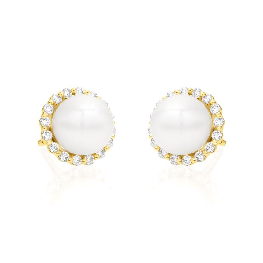 Pearl and Diamond Halo Post Earrings