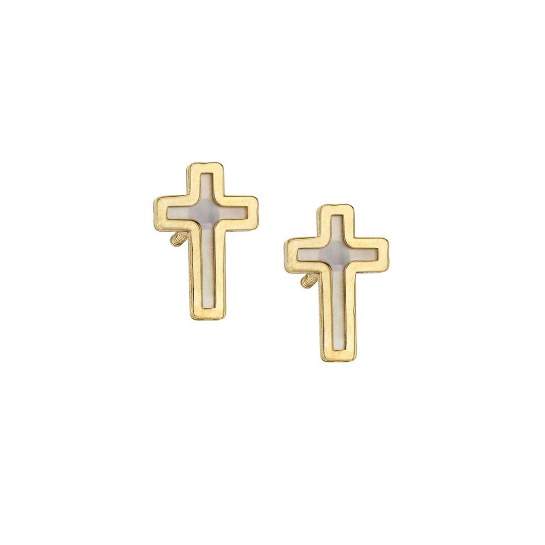 Child's Mother of Pearl Cross Earrings in 14k Yellow Gold