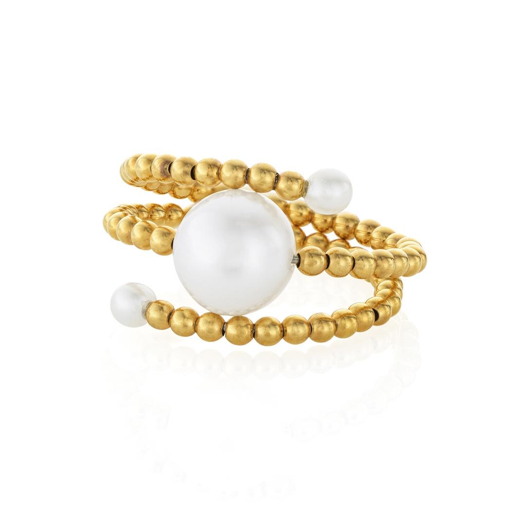 Yellow Gold Beaded Wrap Ring with Pearl 0