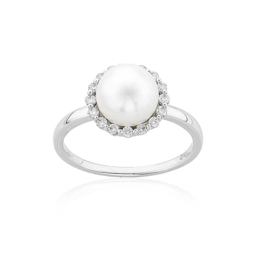 White Gold 8mm Pearl & Diamond Halo Ring