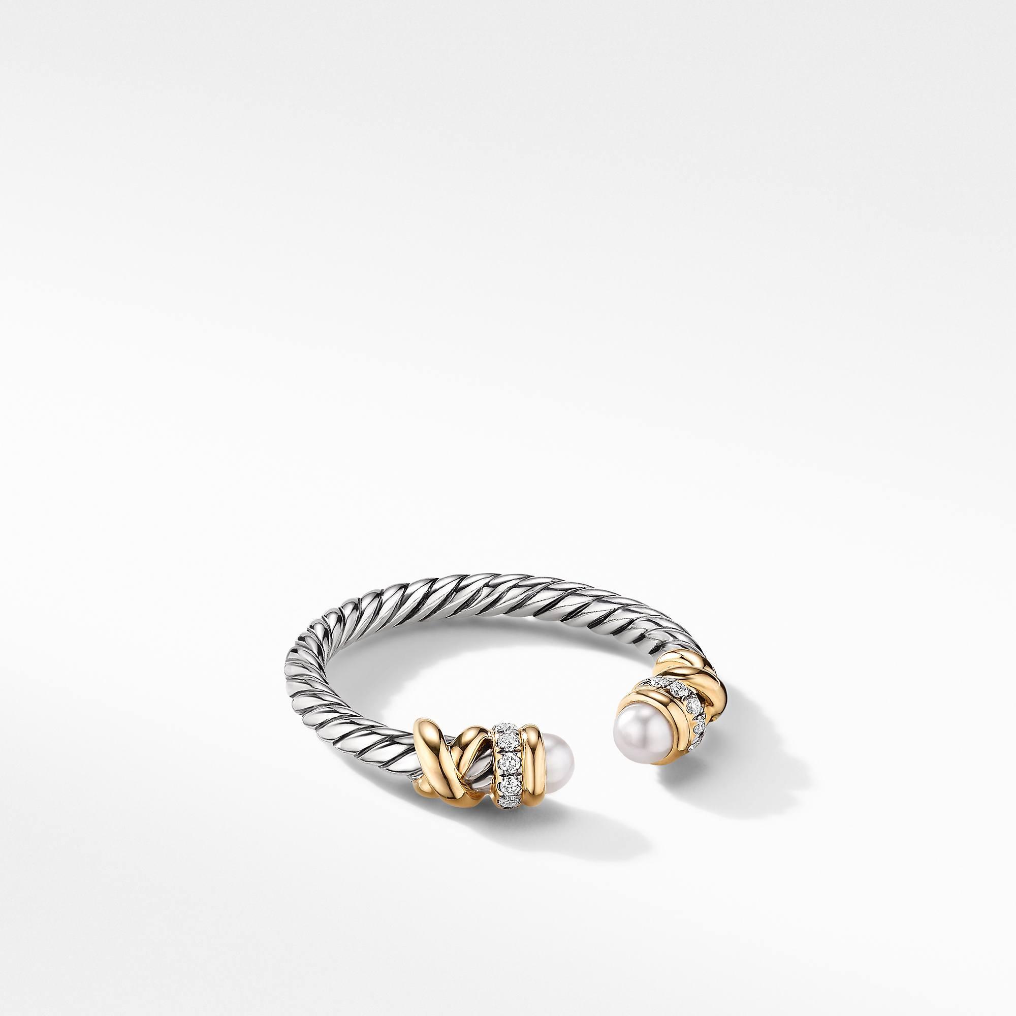 David Yurman Petite Helena Open Ring with Pearls, 18K Yellow Gold and Diamonds | Side View