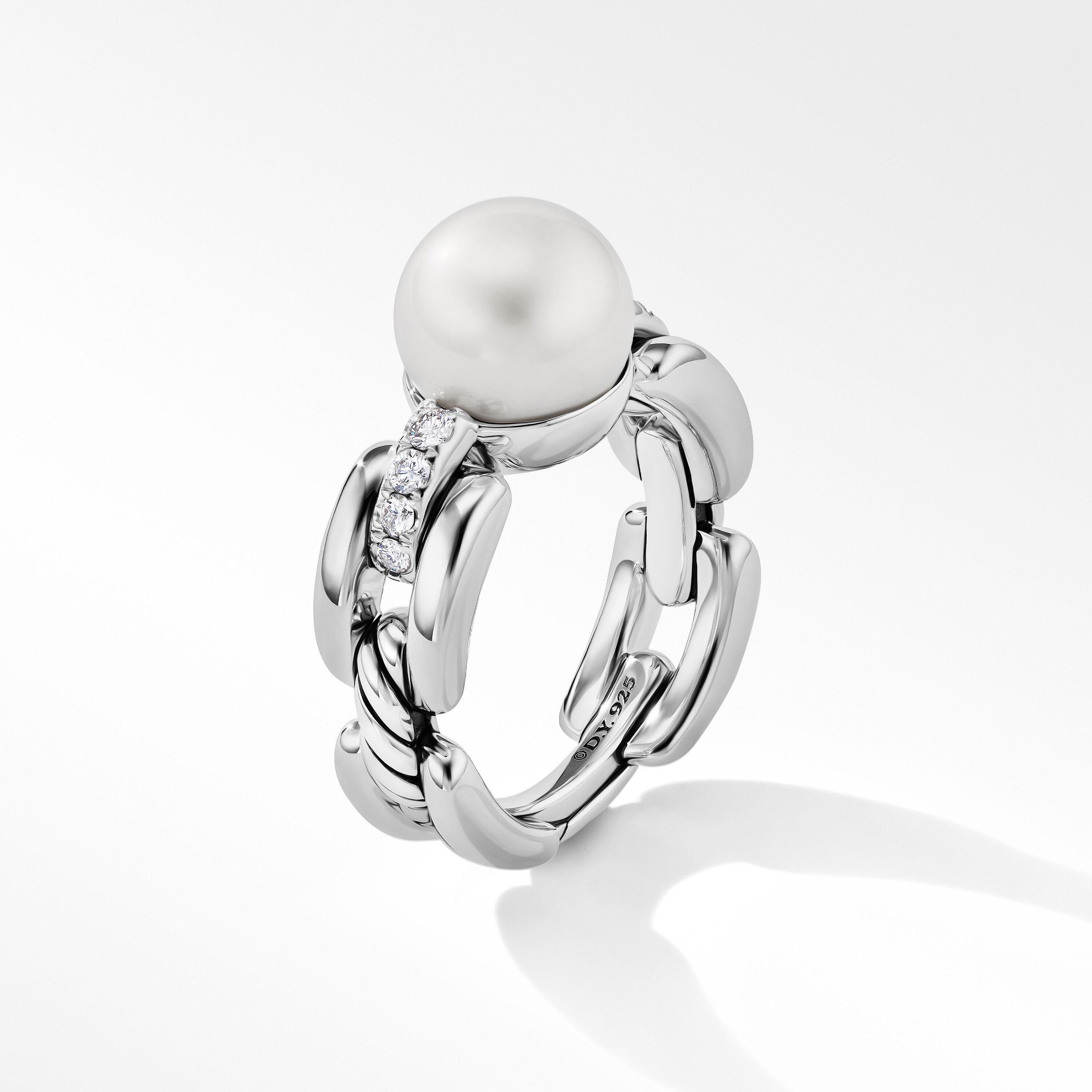David Yurman DY Madison Pearl Ring in Sterling Silver with Pave Diamonds, size 6 1