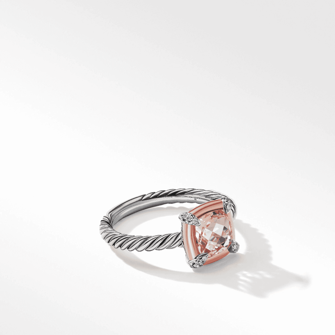 David Yurman Petite Chatelaine Ring with Morganite and Pave Diamonds in 18k Rose Gold, size 5.5