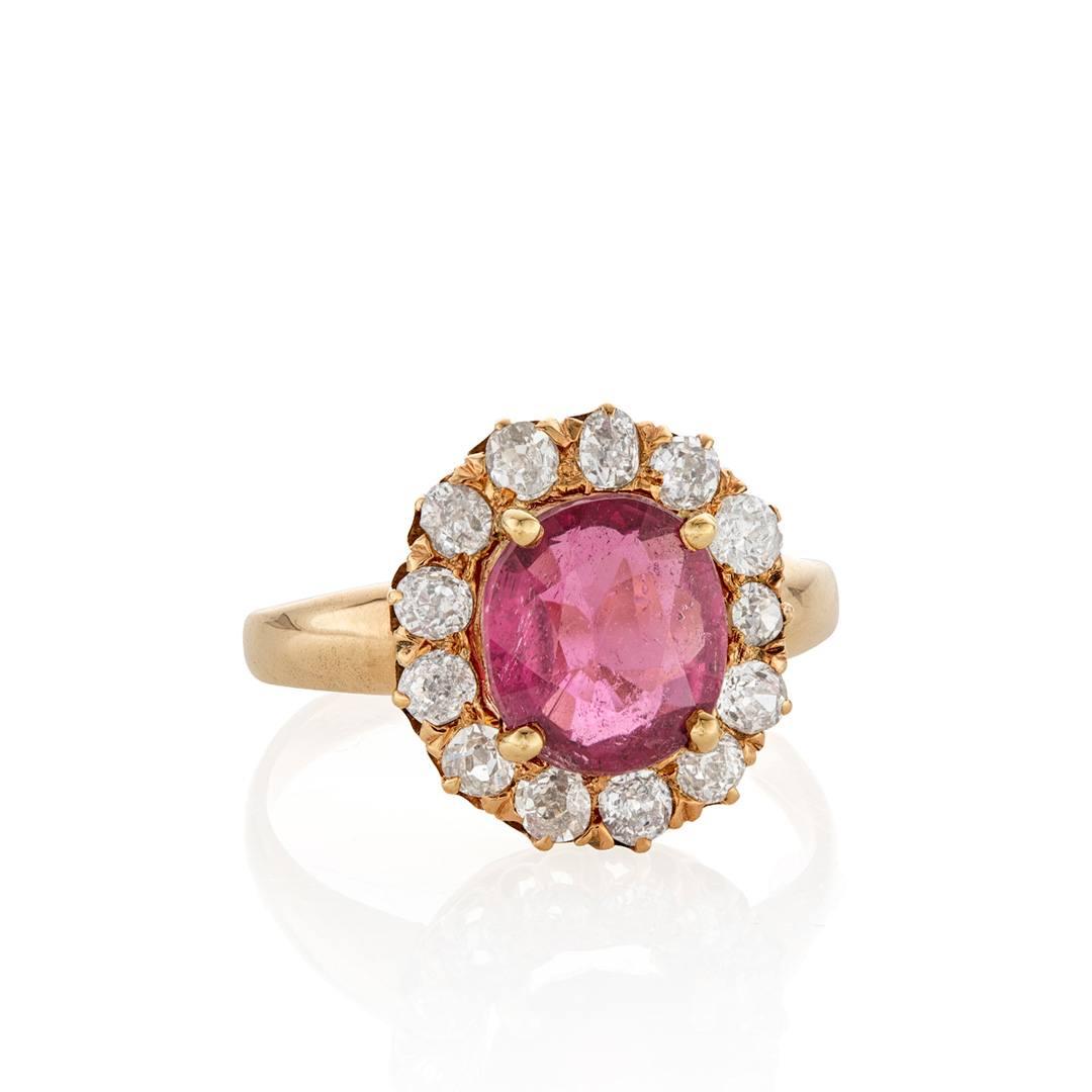 Estate Collection 1880s Pink Tourmaline and Diamond Halo Ring 1