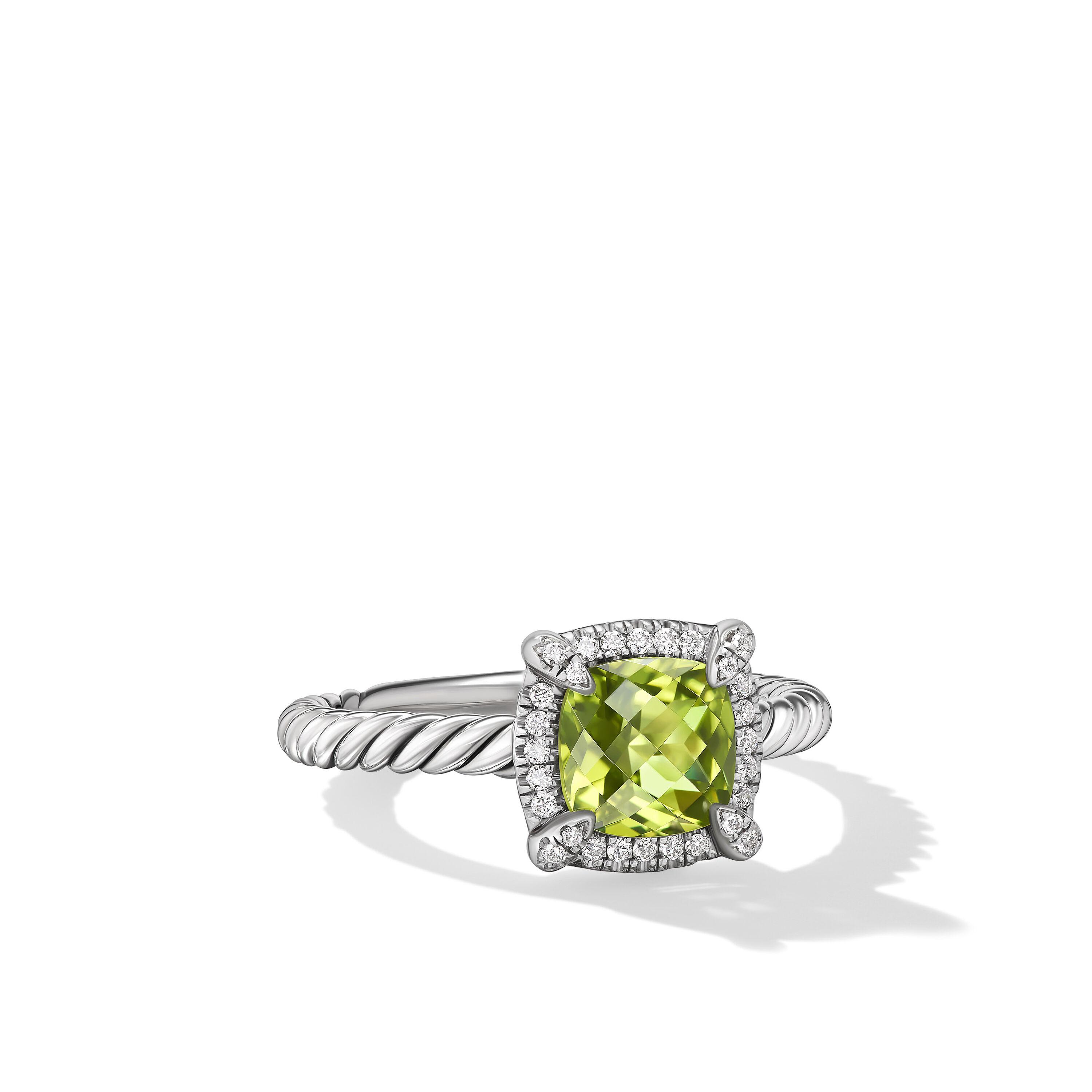 David Yurman Petite Chatelaine Pave Bezel Ring in Sterling Silver with Peridot and Diamonds, Size 6.5