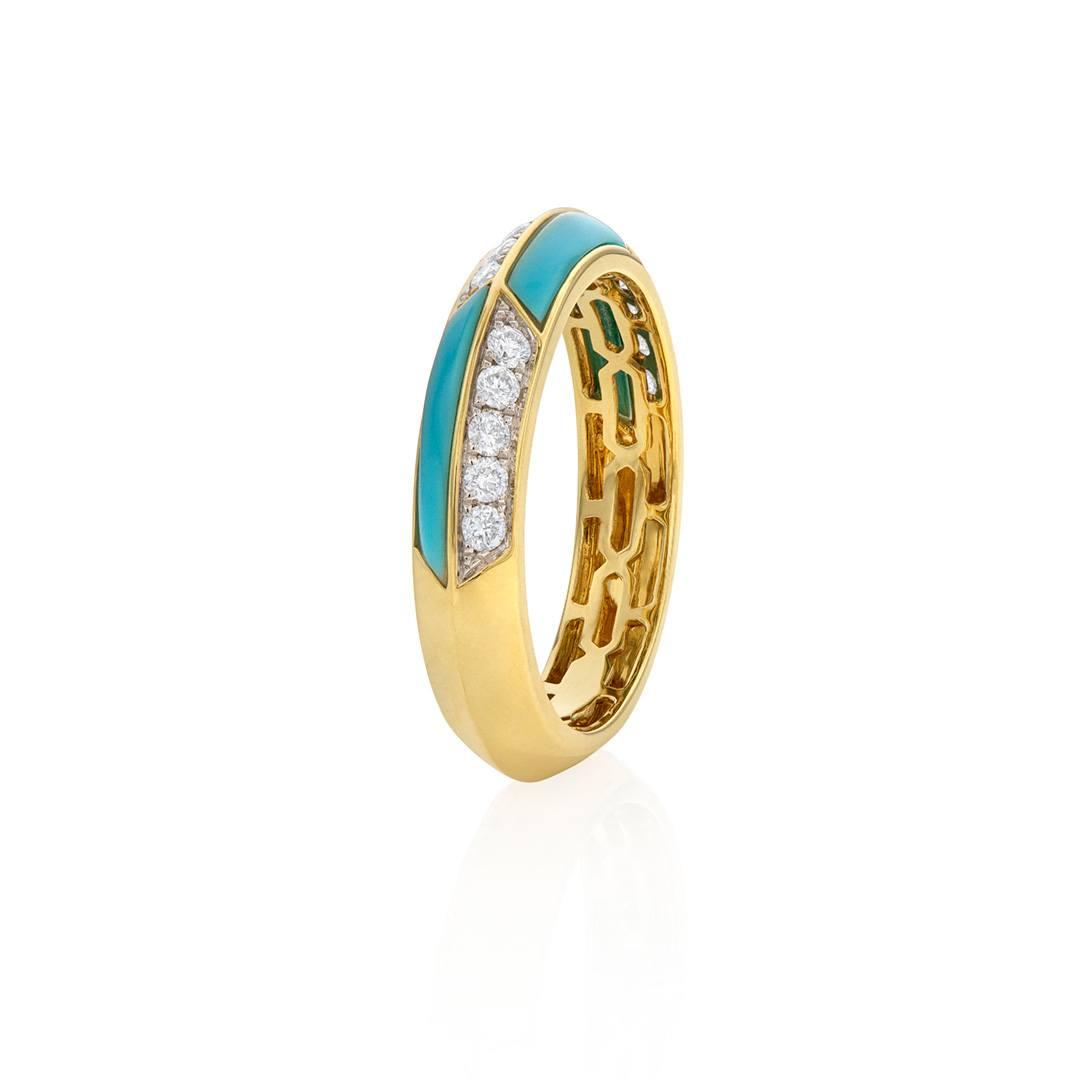 Turquoise and Diamond Yellow Gold Checkerboard Band 1