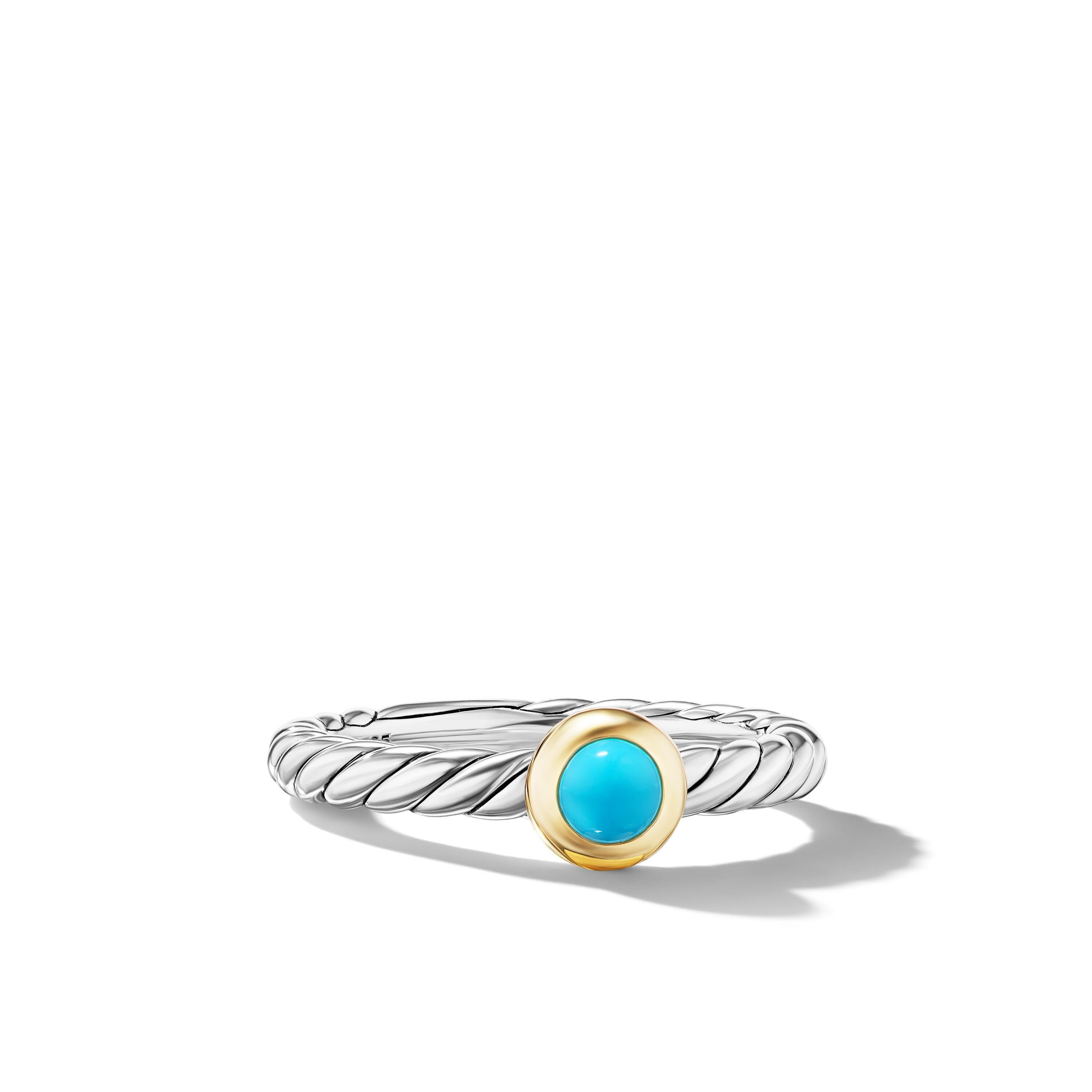David Yurman Petite Cable Ring in Sterling Silver with 14K Yellow Gold and Turquoise, Size 6
