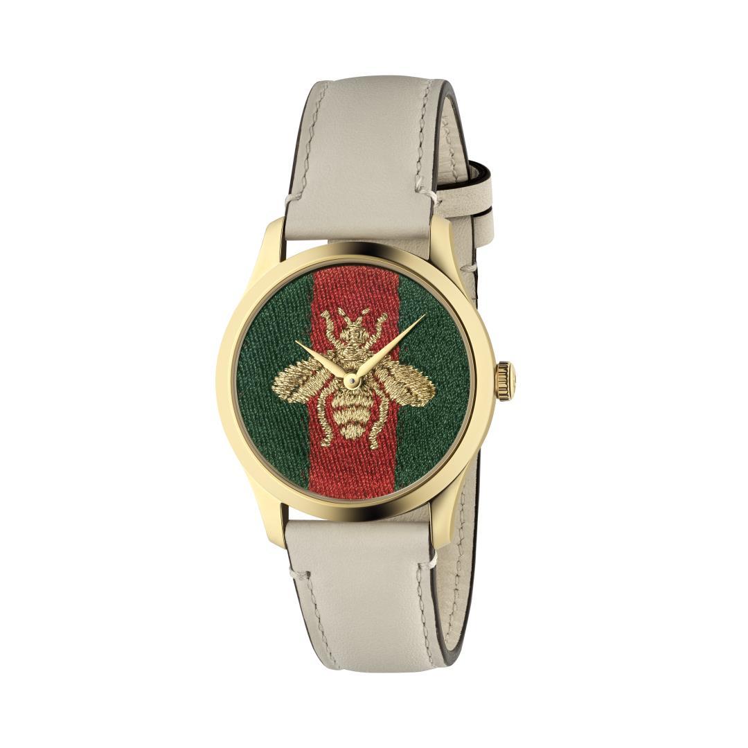 Gucci G-Timeless Gold Bee Dial with Cream Leather Strap Watch, 38mm 0