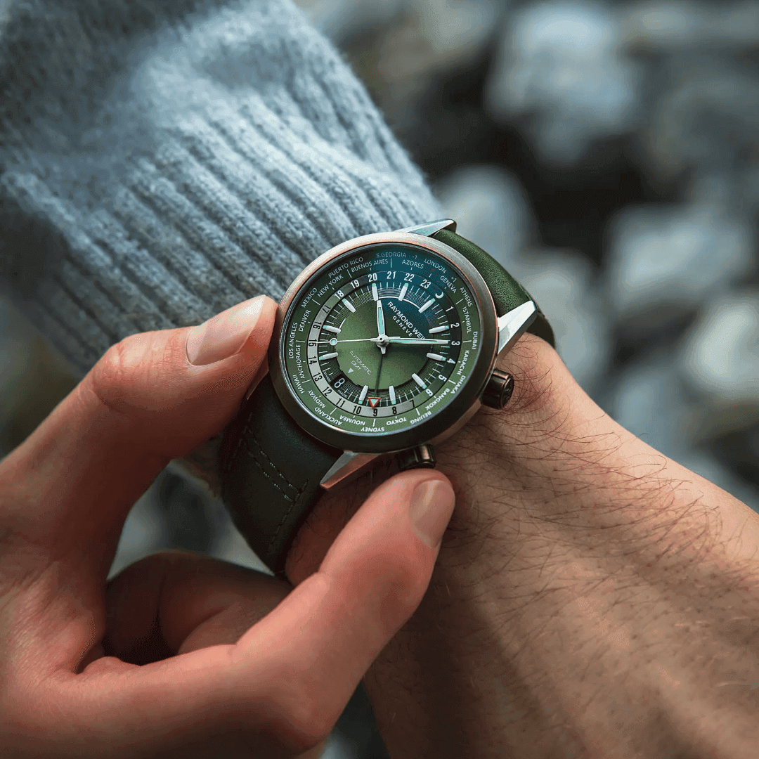 Raymond Weil Freelancer GMT Worldtimer Green Leather Watch, 41mm 1
