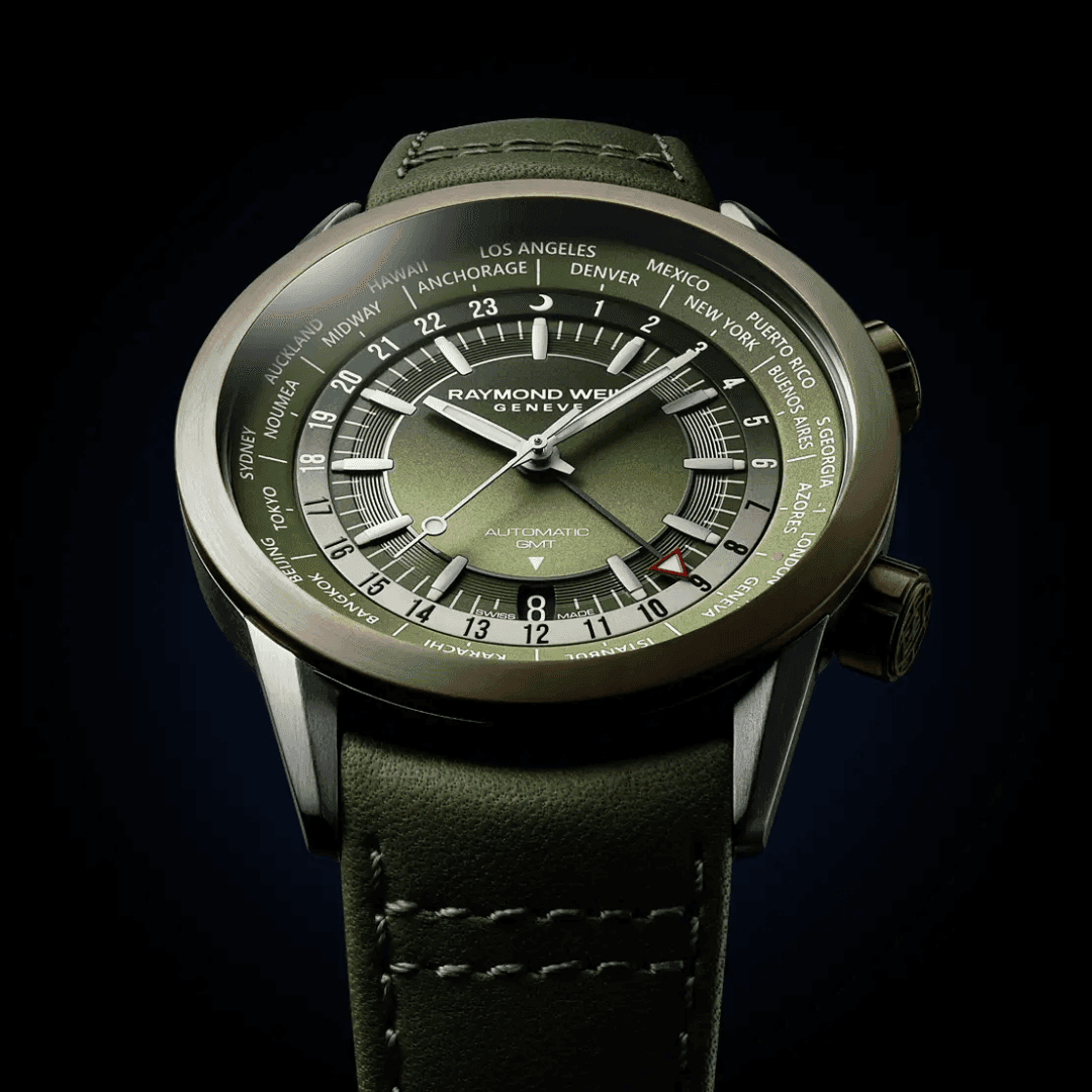 Raymond Weil Freelancer GMT Worldtimer Green Leather Watch, 41mm 4