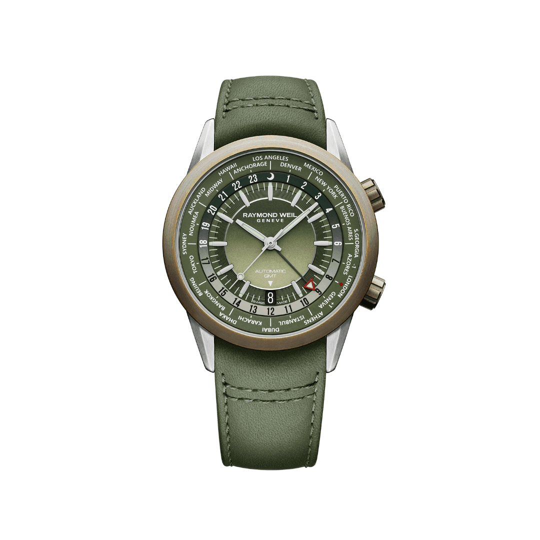 Raymond Weil Freelancer GMT Worldtimer Green Leather Watch, 41mm