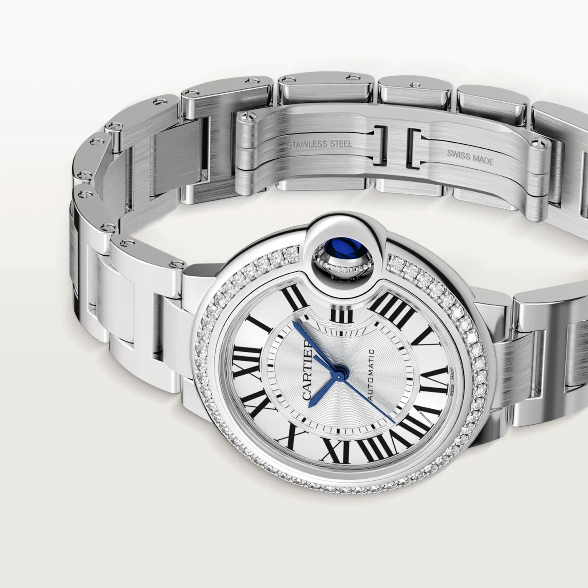 Ballon Bleu de Cartier Watch, Silver Guilloche Dial with Diamonds, 33mm

