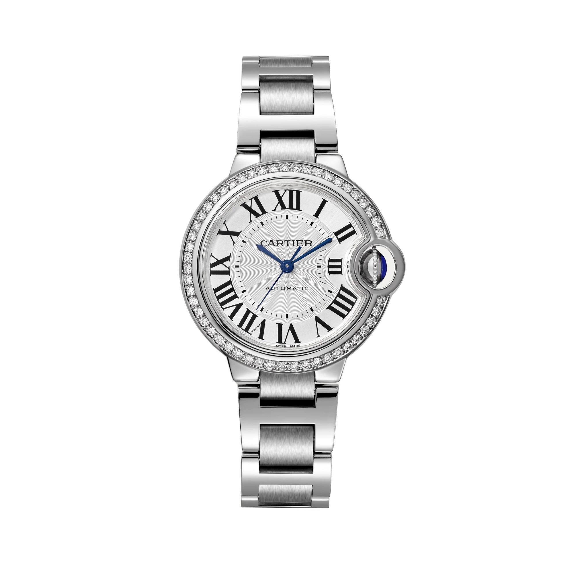 Ballon Bleu de Cartier Watch, Silver Guilloche Dial with Diamonds, 33mm
