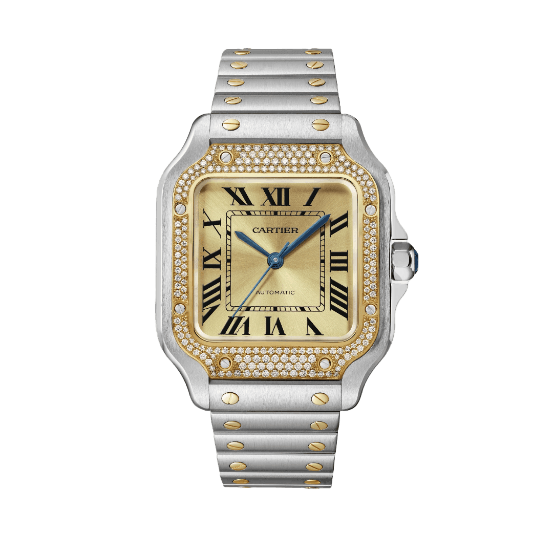 Santos de Cartier Watch in Steel with Yellow Gold and Diamonds, medium model