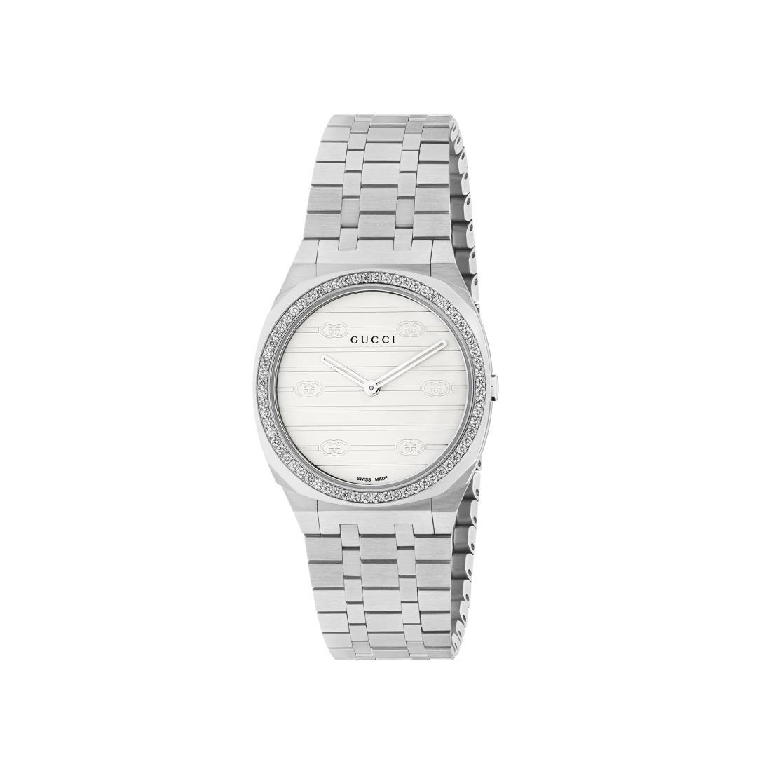 Gucci 25H Polished Steel Dial Watch with Signature G Motif 0