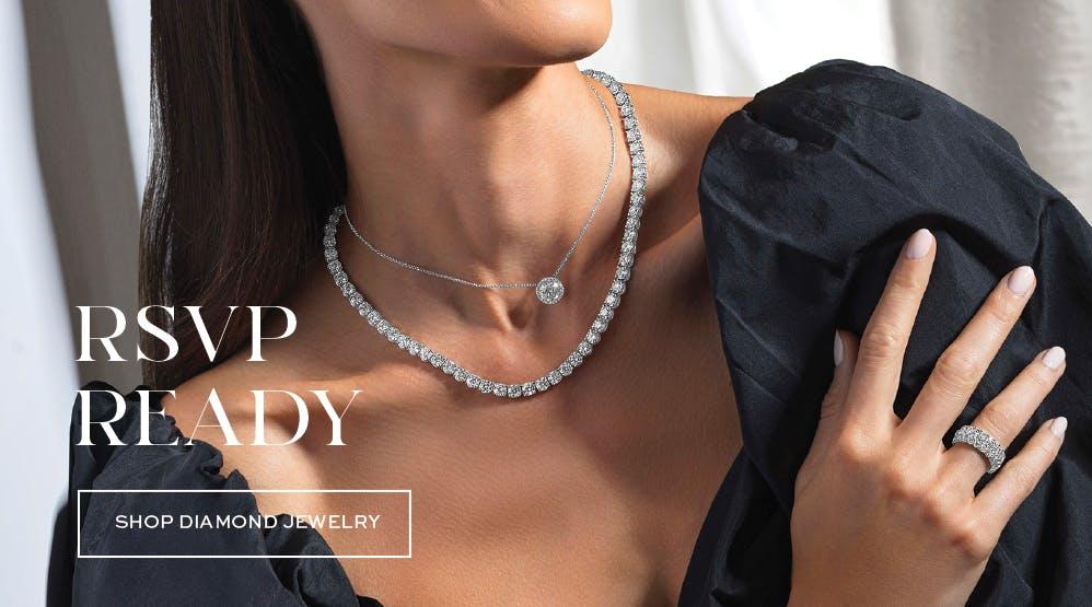 close up of a woman wearing two diamond necklaces and a diamond ring along with the words RSVP Ready and Shop Diamond jewelry