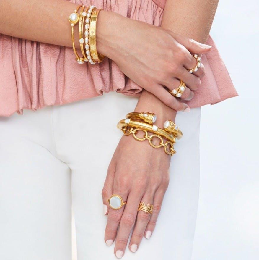 Styled Julie Vos wrists and hands, with pieces available at Lee Michaels Fine Jewelry