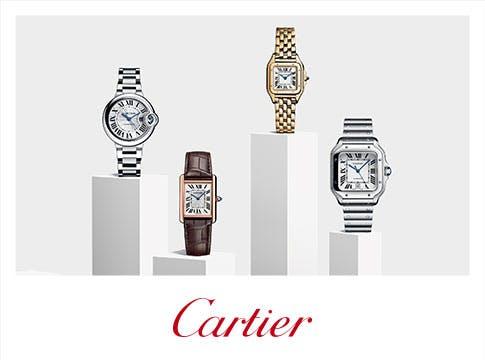 Four Cartier watches and the Cartier logo