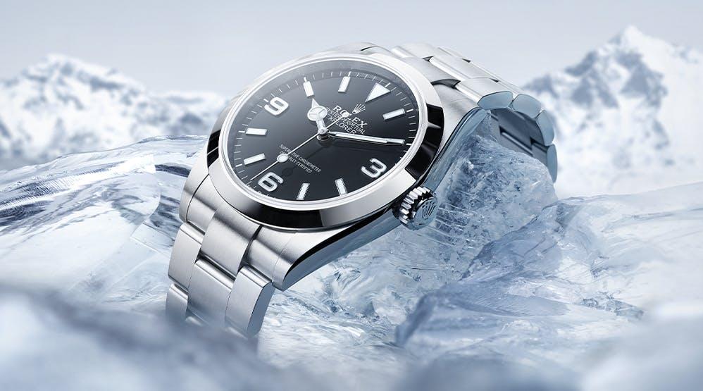 Rolex Explorer Watch in Icy conditions sold at Lee Michaels Jewelry store