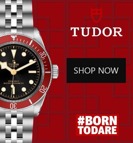Photo of a Tudor Black Bay watch model number M7941A1A0RU-0003 next to the Tudor logo, and the words Shop Now and hashtag Born to Dare