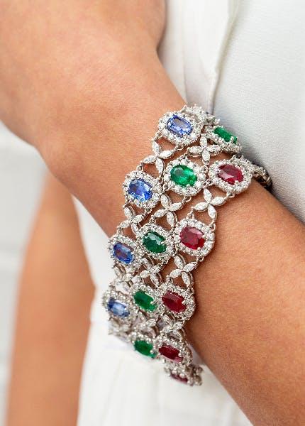 Diamond bracelet stack with rubies, sapphires and emeralds