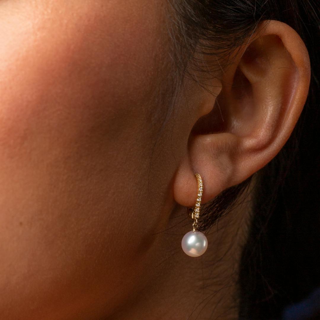 mikimoto dangle pearl earring with diamonds at Lee Michaels Fine Jewelry stores