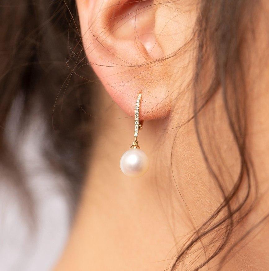 9mm Pearl & Pave Diamond Drop Earrings
