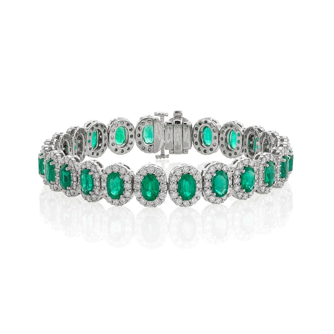 Oval Cut Emerald Bracelet with Round Diamond Halo 0
