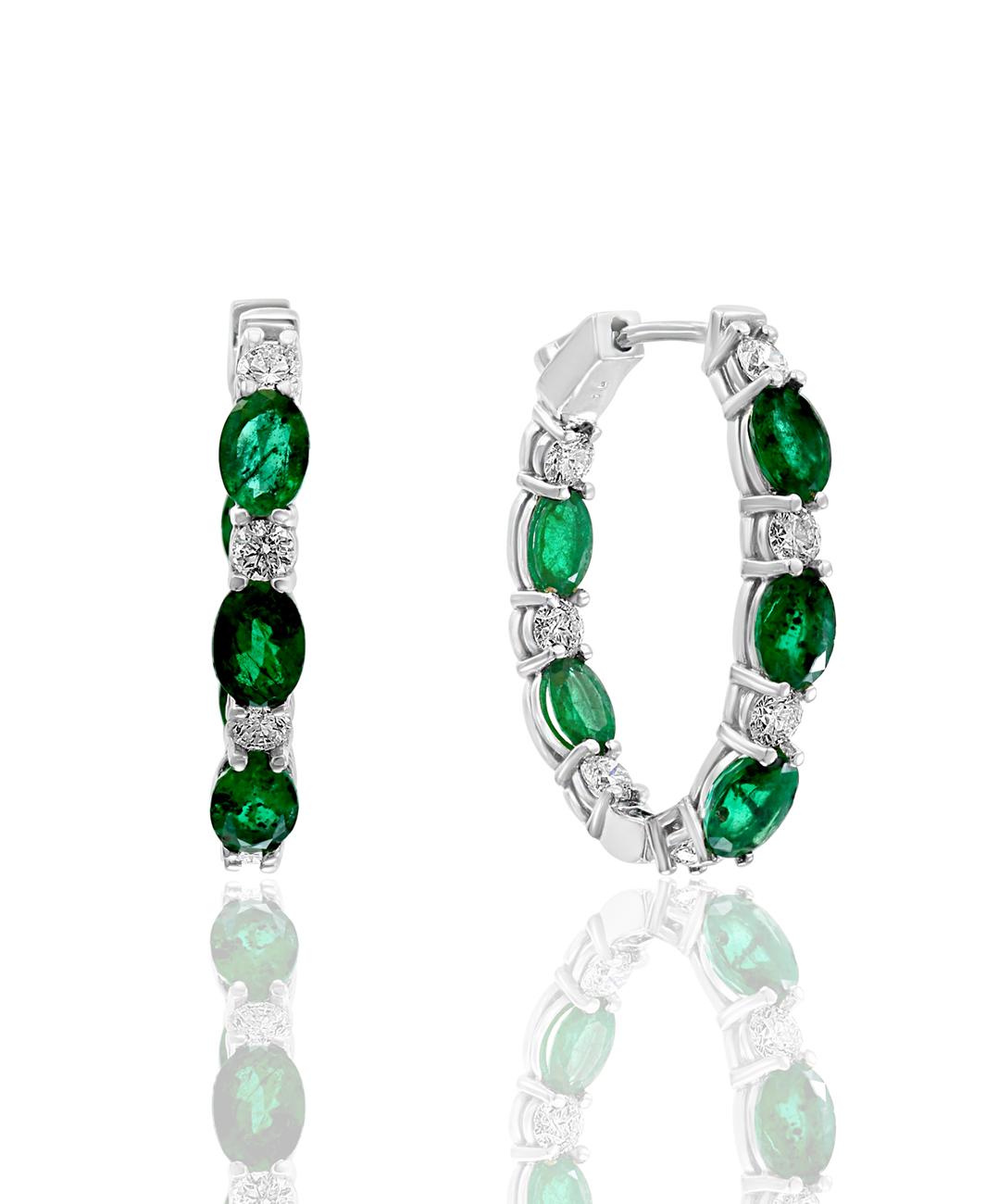 Oval Emerald and Diamond Hoops 0