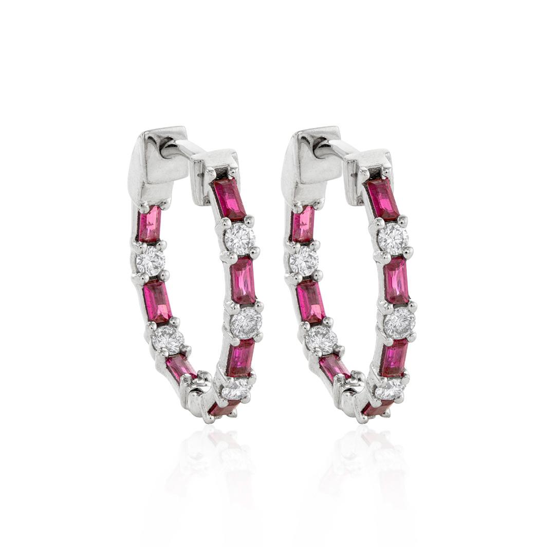 Baguette Ruby and Round Diamond In and Out Hoop Earrings 0