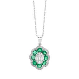 White Gold Emerald & Diamond Cluster Pendant Necklace 0