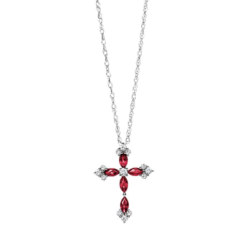 White Gold Cross Pendant Necklace with Ruby and Round Diamond Accents 0