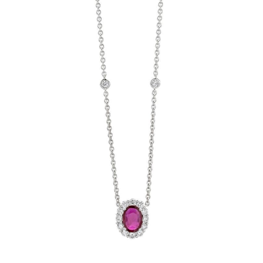 Oval Ruby Pendant Necklace with Diamond Halo and Diamond Accent Chain 0