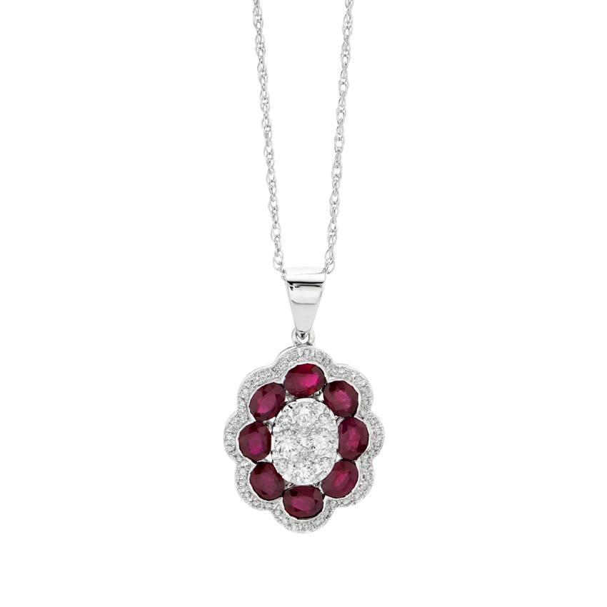 White Gold Ruby & Diamond Cluster Pendant Necklace 0